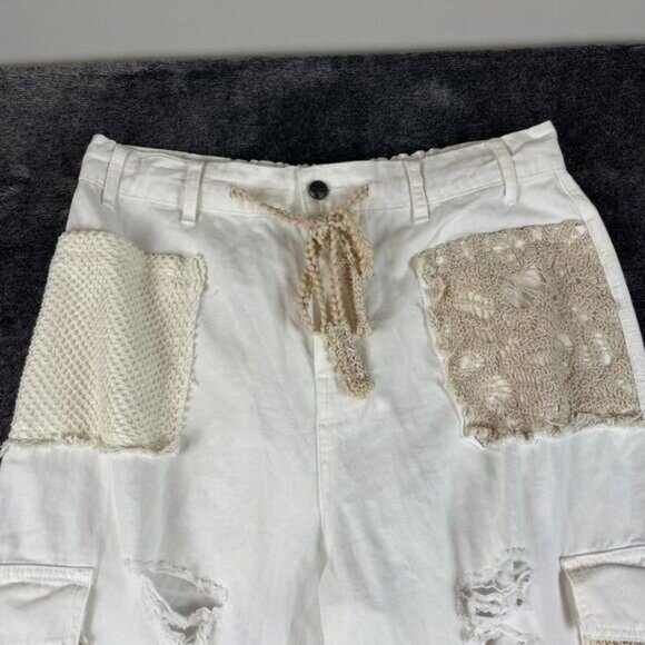 POL Crochet Pocket Baggy White Joggers Pants Drawstring Women's L Boho Cargo - Picture 2 of 13